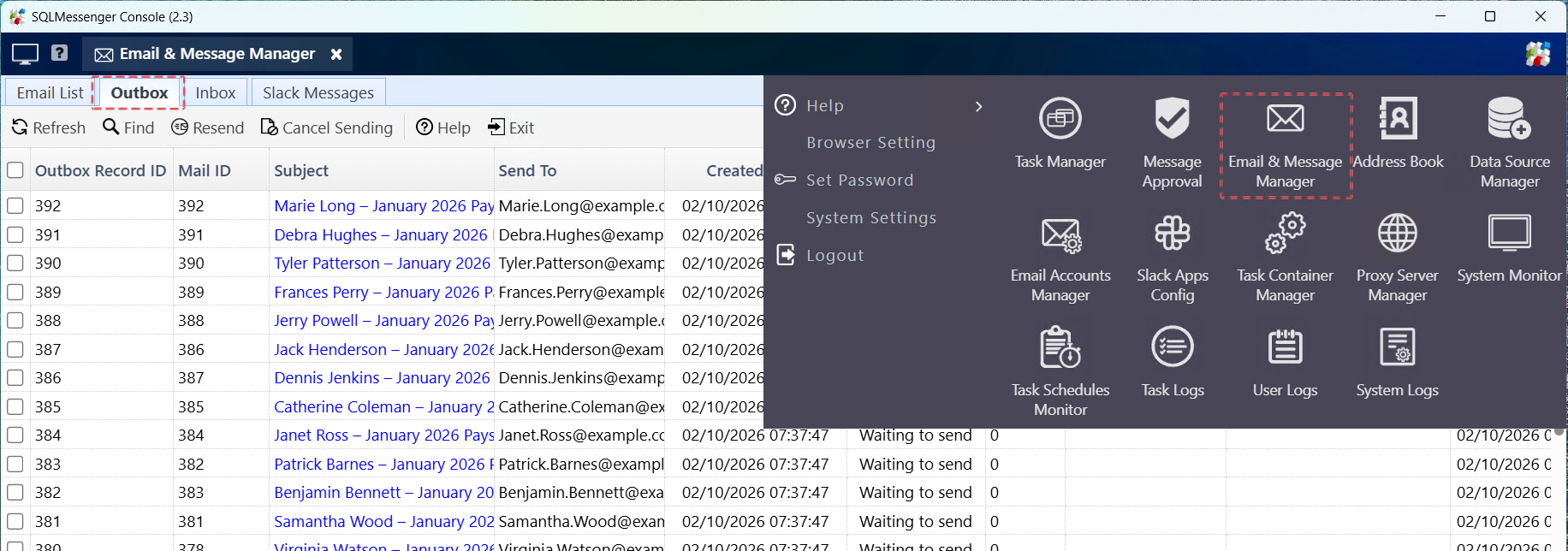 Check email sending progress in "Email & Message Manager"