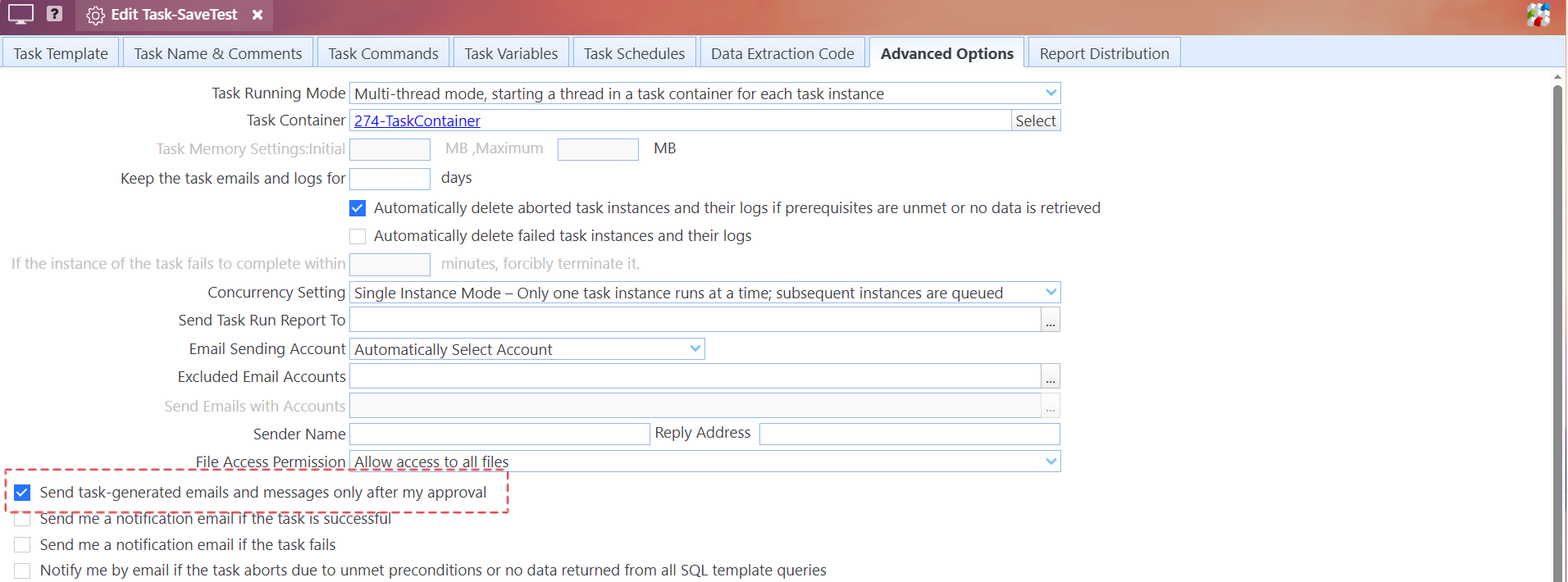 Send task-generated emails and messages only after my approval option