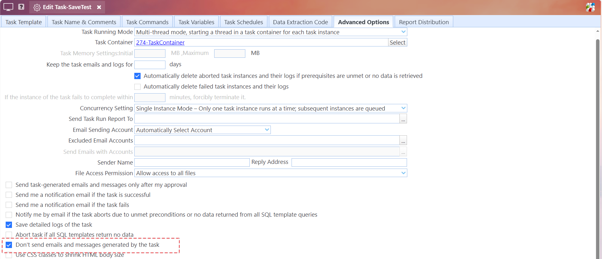 Don't send emails and messages generated by the task option
