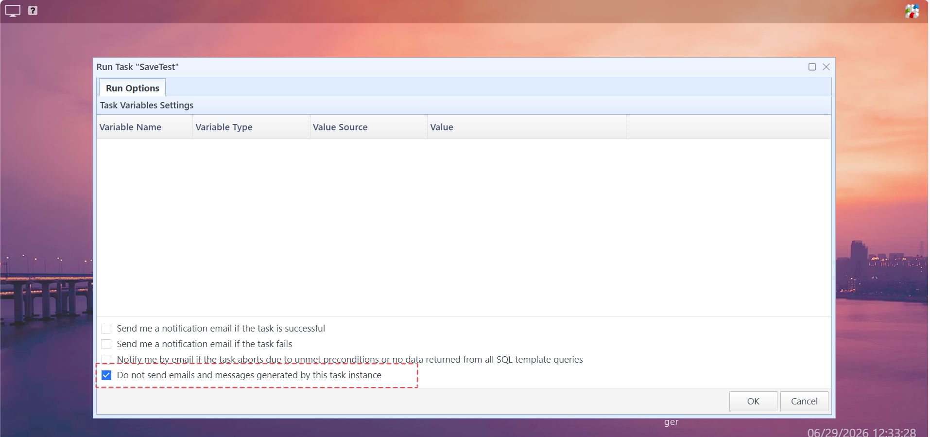 Do not send emails and messages generated by this task instance option