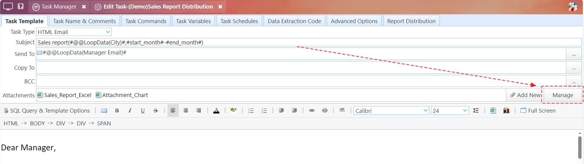 Click the Manage button to open the attachment template manager