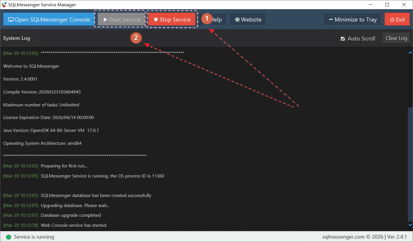 Restart the SQLMessenger Service