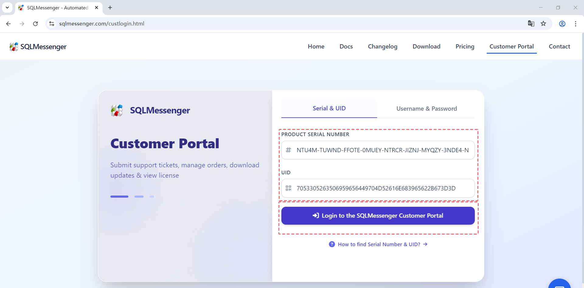 Enter your product serial number and UID on the login interface, then click "Login to the SQLMessenger Customer Portal"