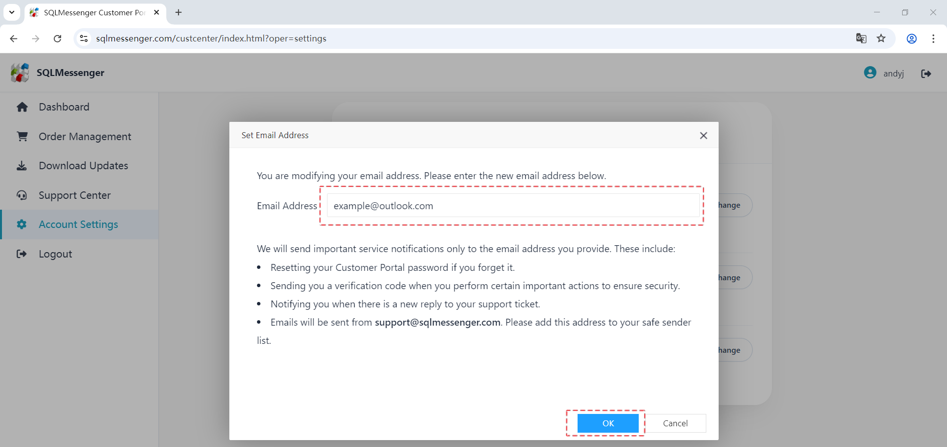 Enter your email address and then click "OK"