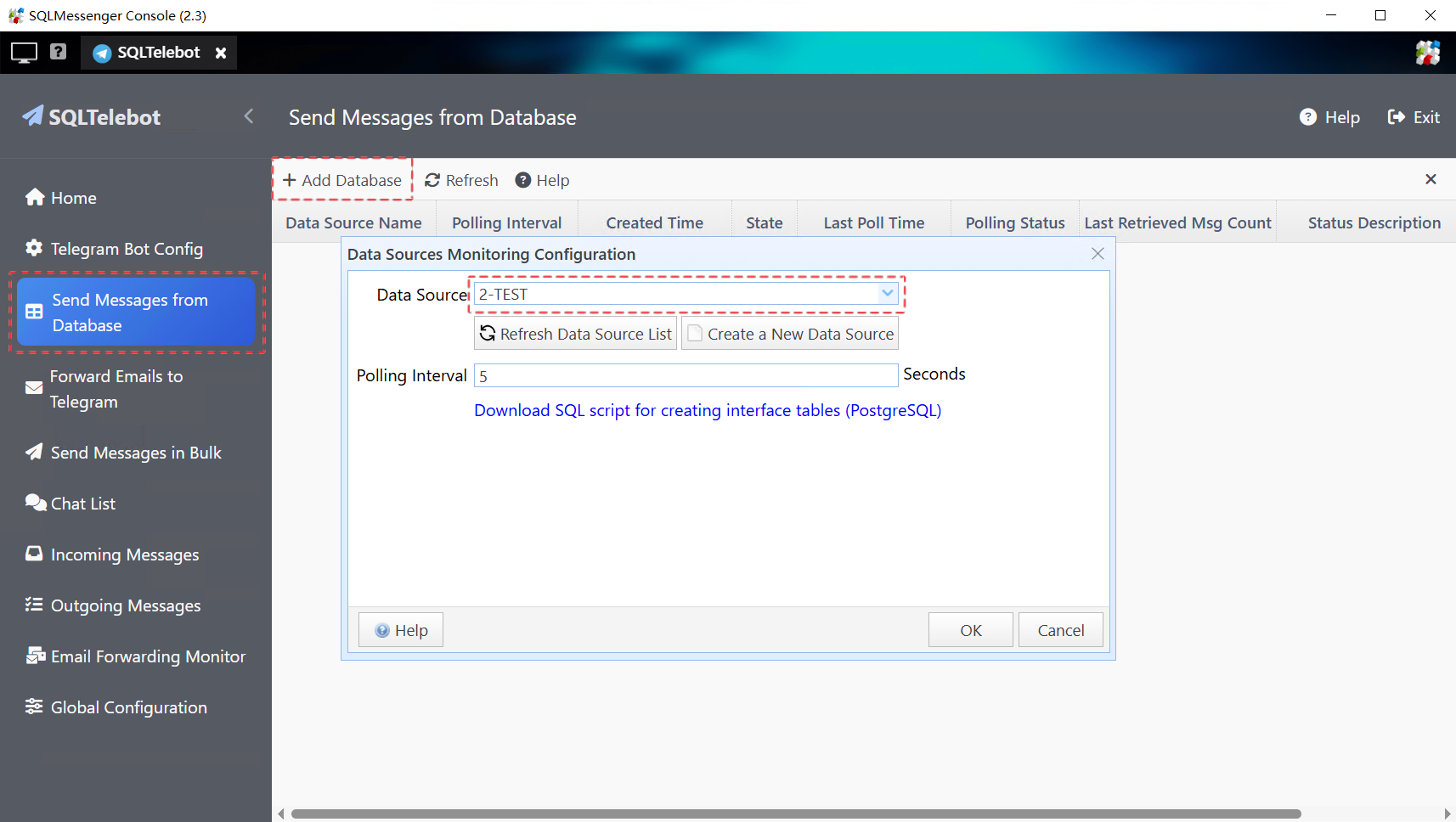 Add the database to the SQLTelebot monitoring list