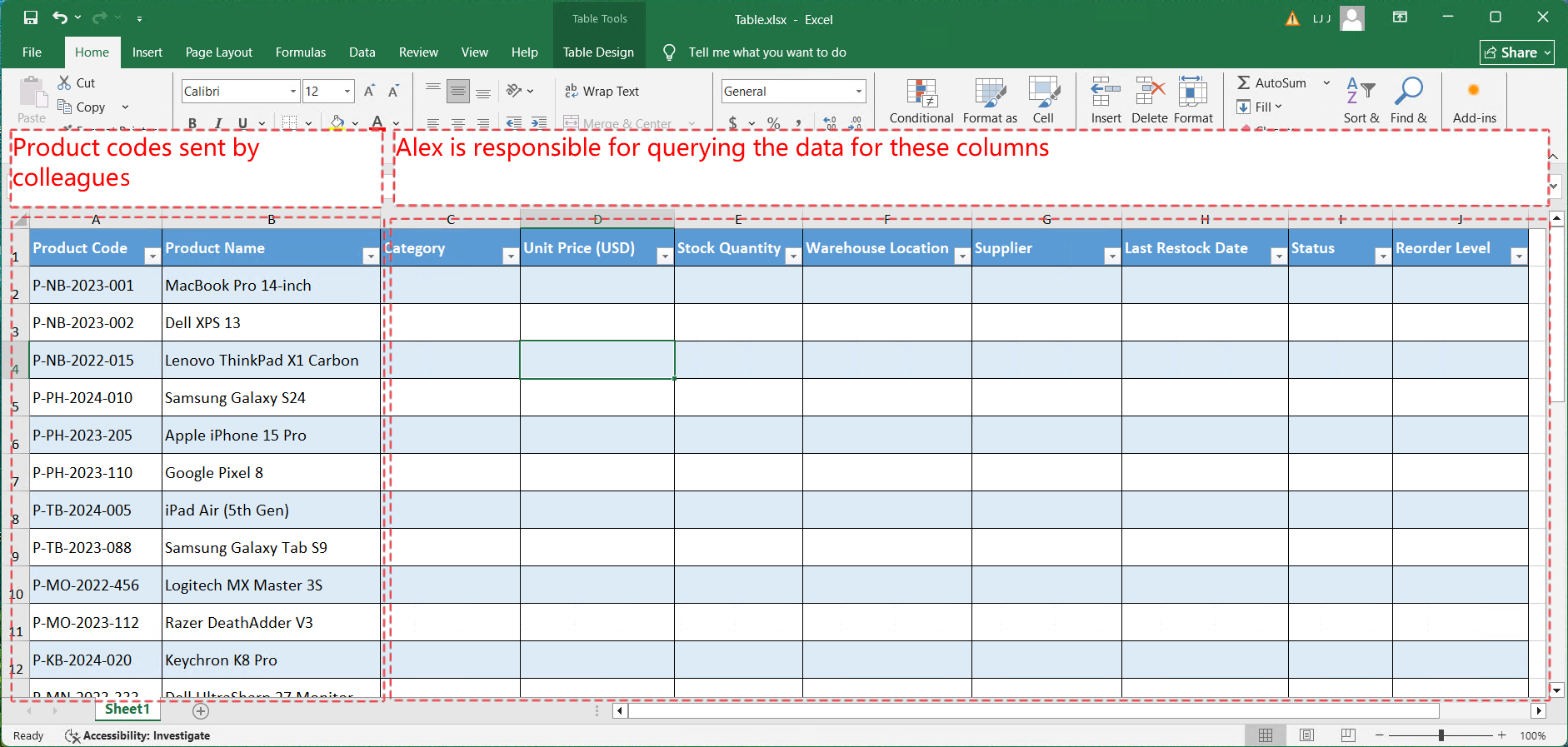 The Excel file Alex received from a colleague