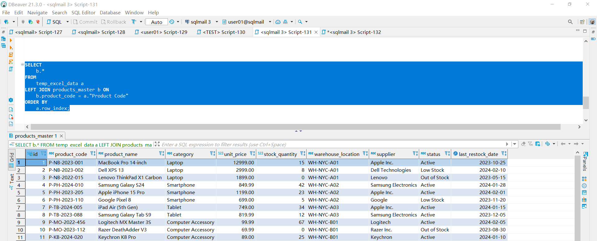 Alex imports the Excel spreadsheet into the database and queries the product data