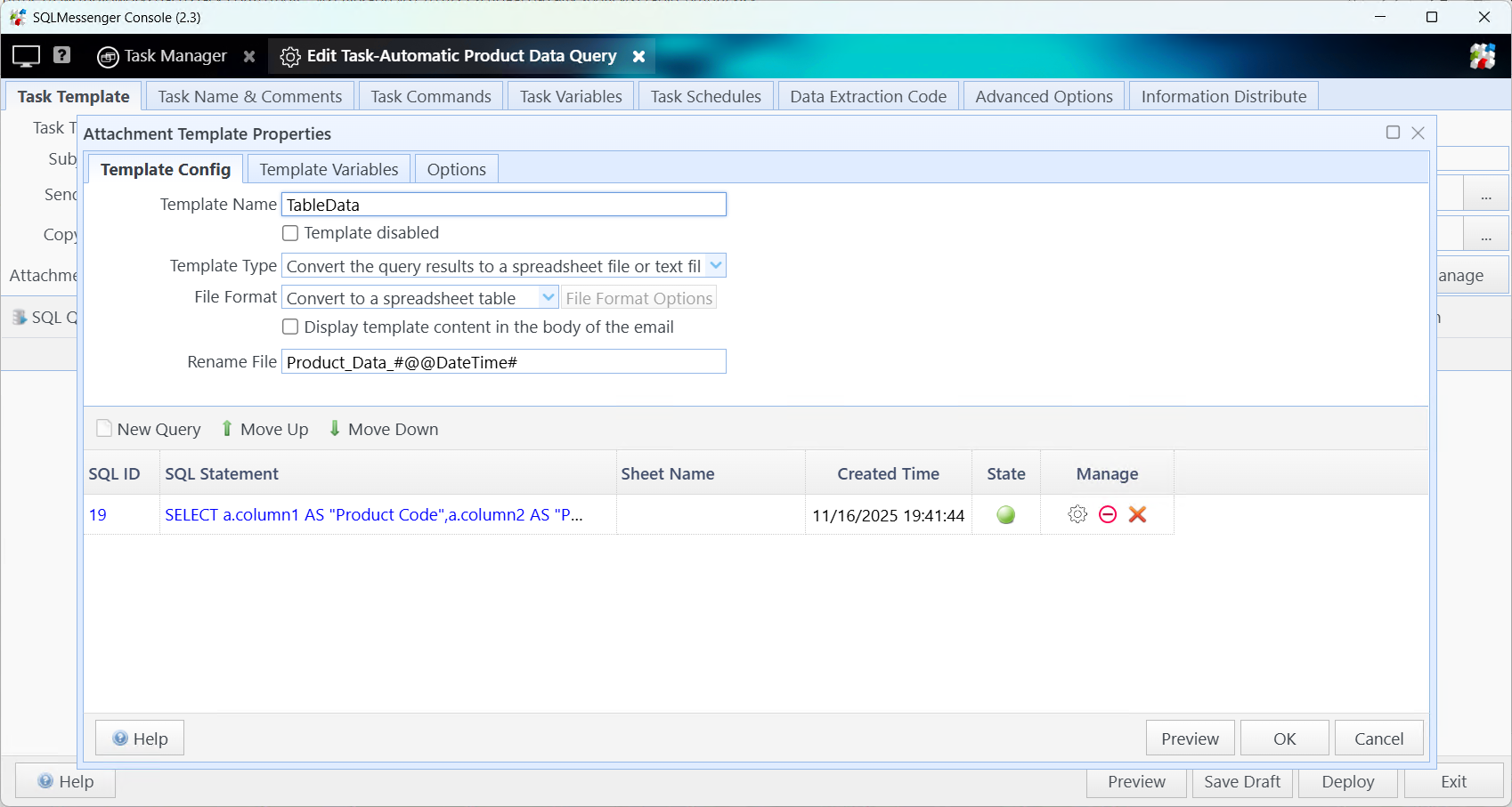 The report task the SQLMessenger team configured for Alex