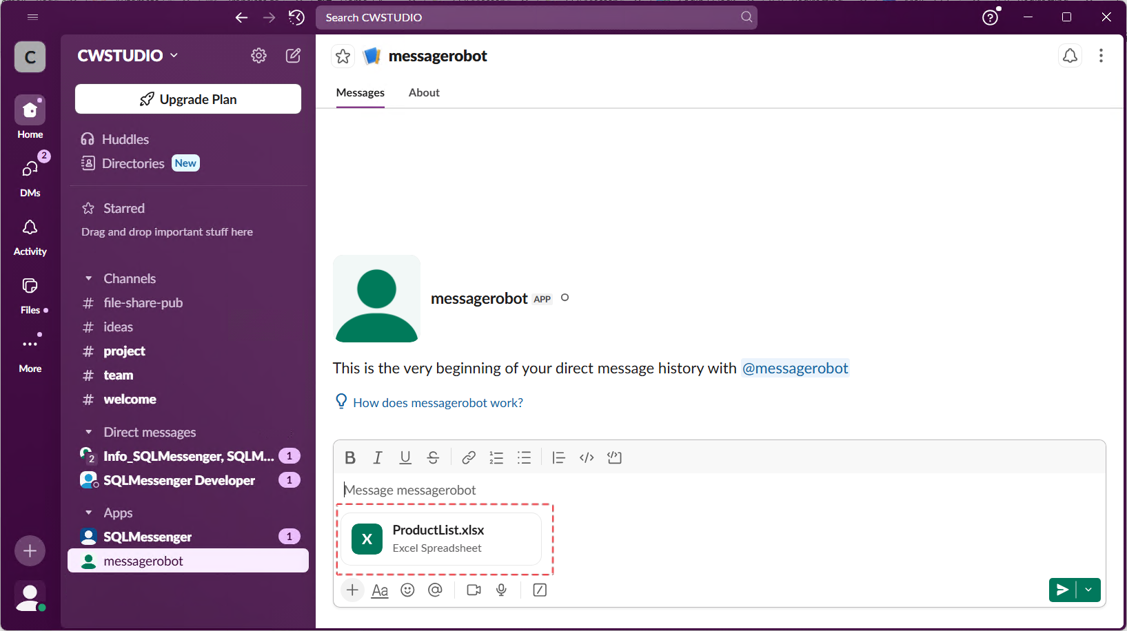 Send a file from Slack to the Slack App configured in SQLMessenger