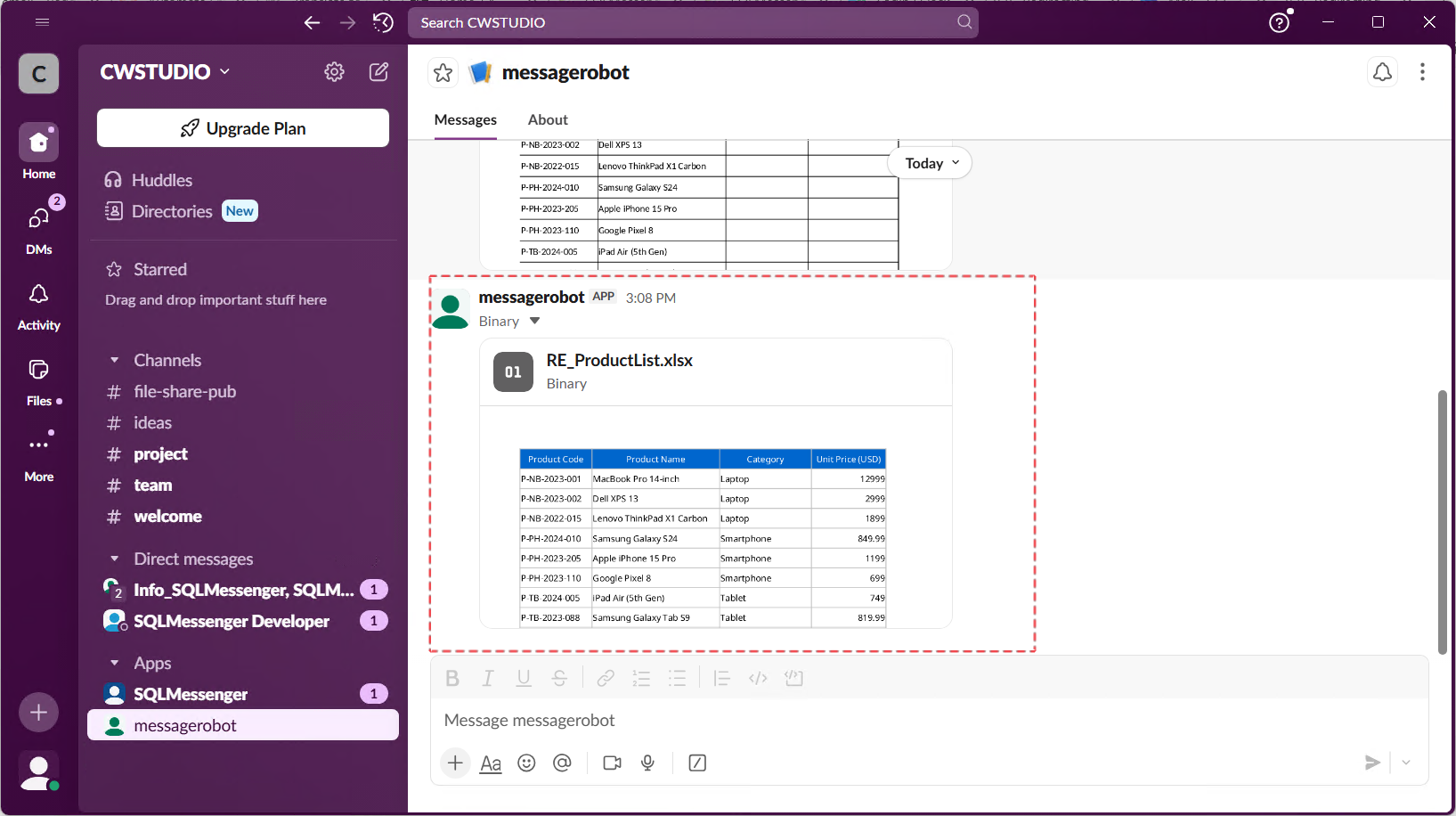 SQLMessenger sends the file to the sender