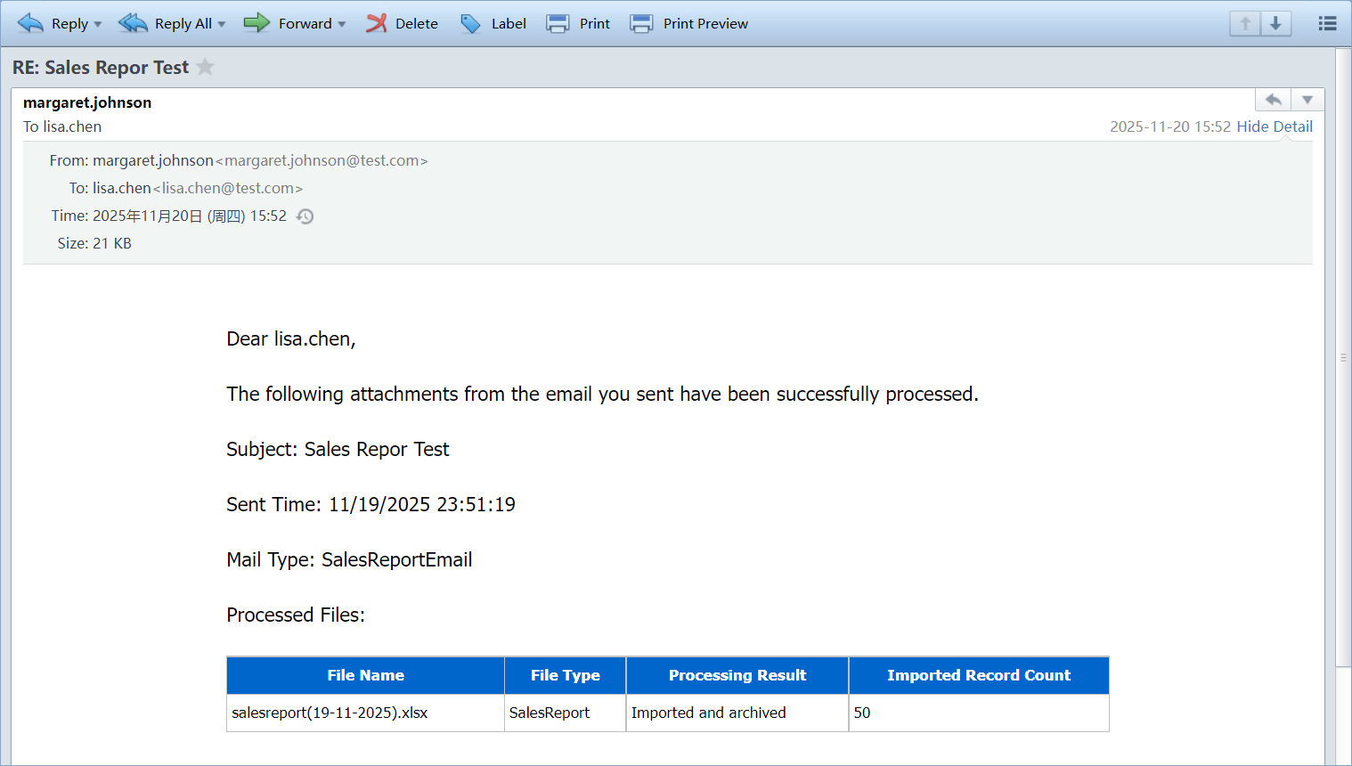 The notification email sent by the system to the sender