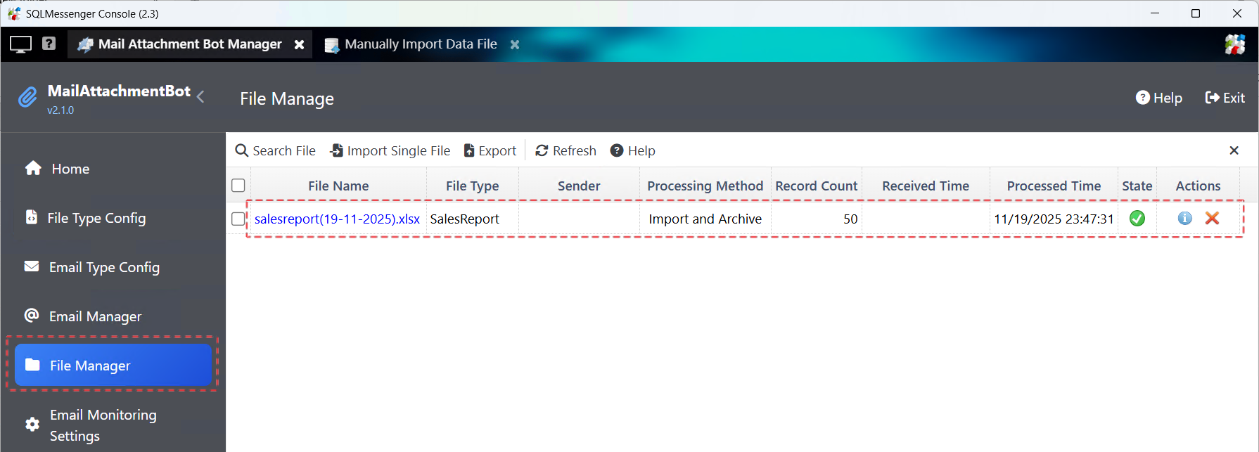 Processed files are displayed in the File Manager