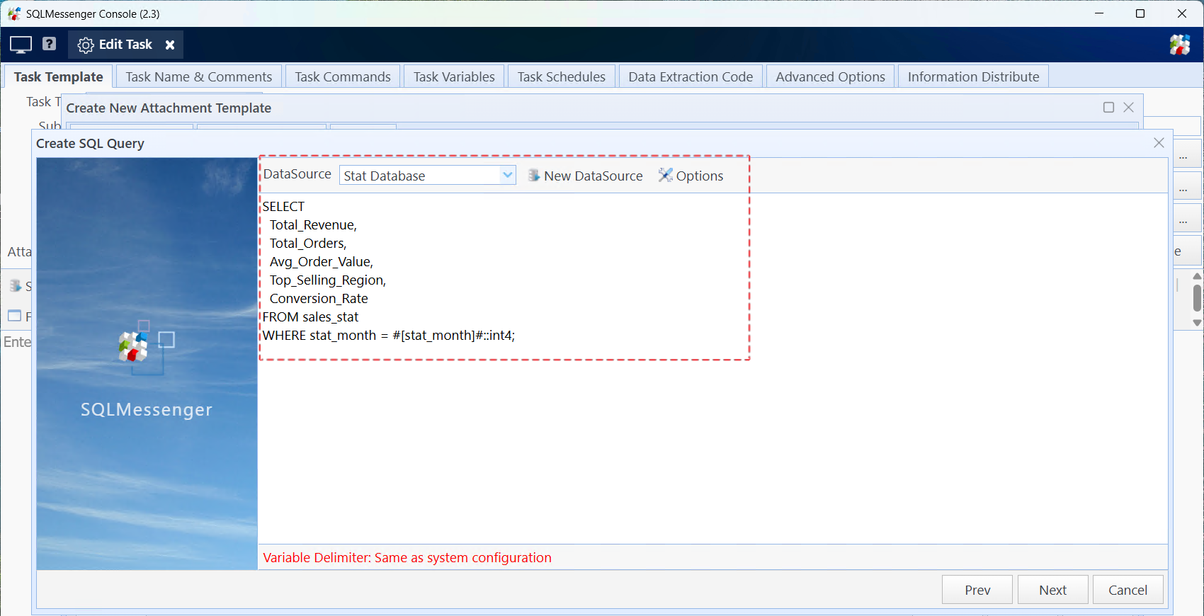 Select data source and enter query statement