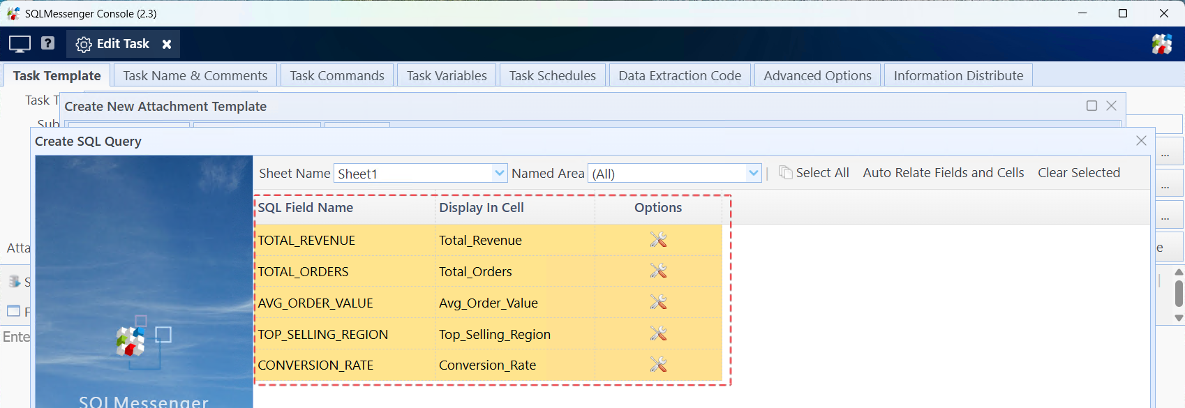 Set the mapping relationship between SQL fields and data cells