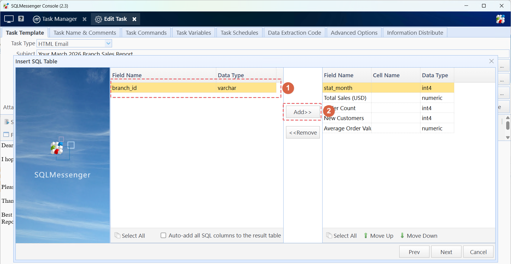 Select fields to display in the body