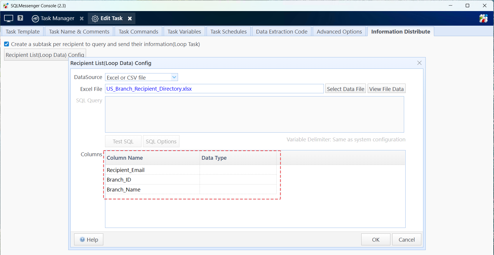 Field list of the recipient table