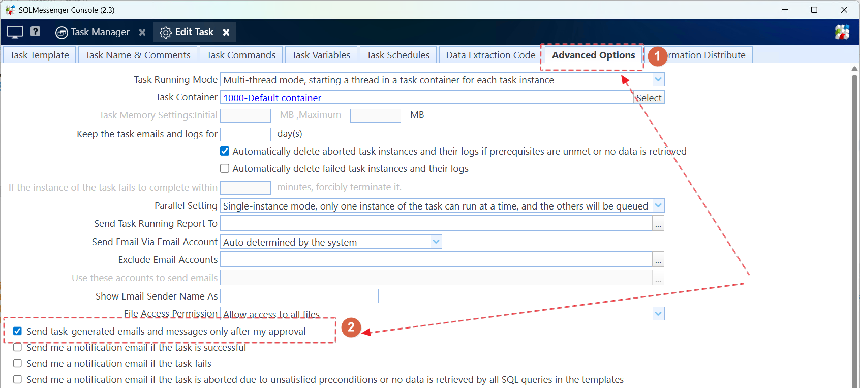 Check "Send task-generated emails and messages only after my approval"