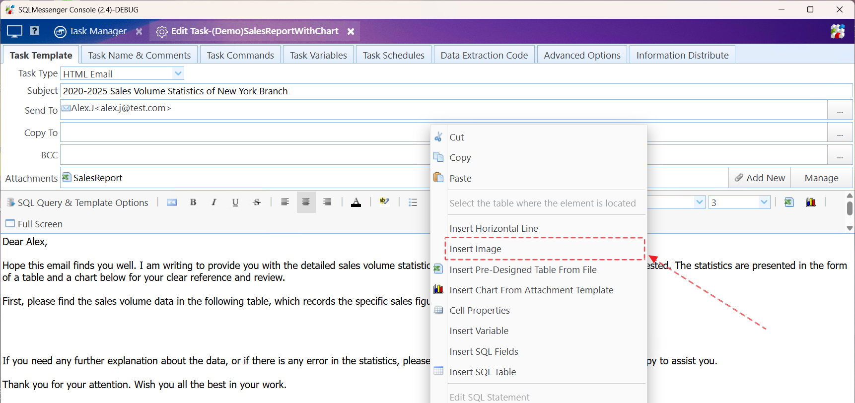 Right-click at the position where you want to display the image in the body designer, and then click 'Insert Image'