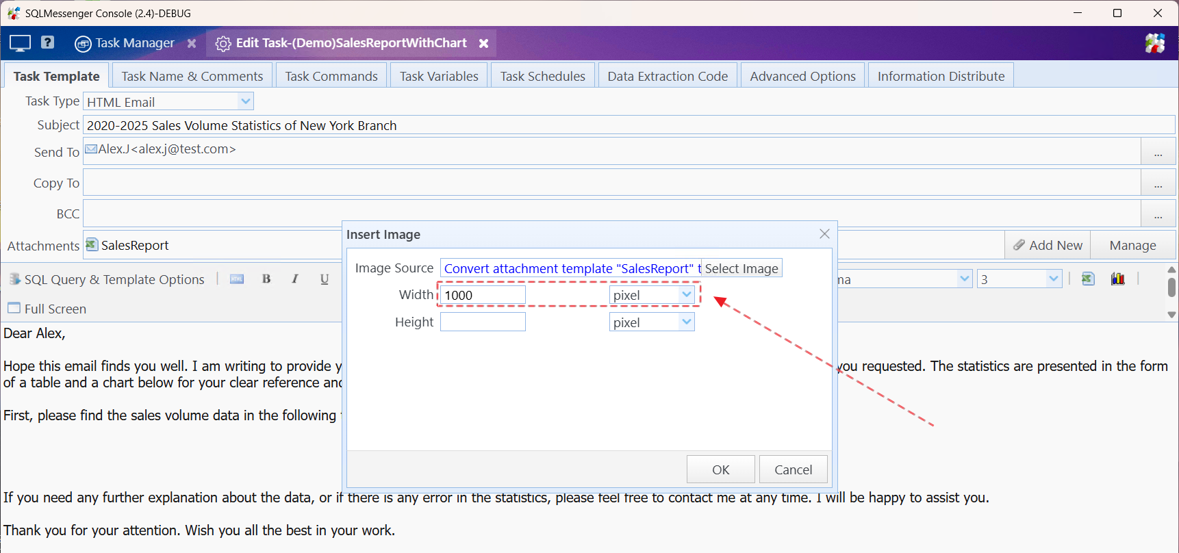After clicking "OK" to return, set the image size