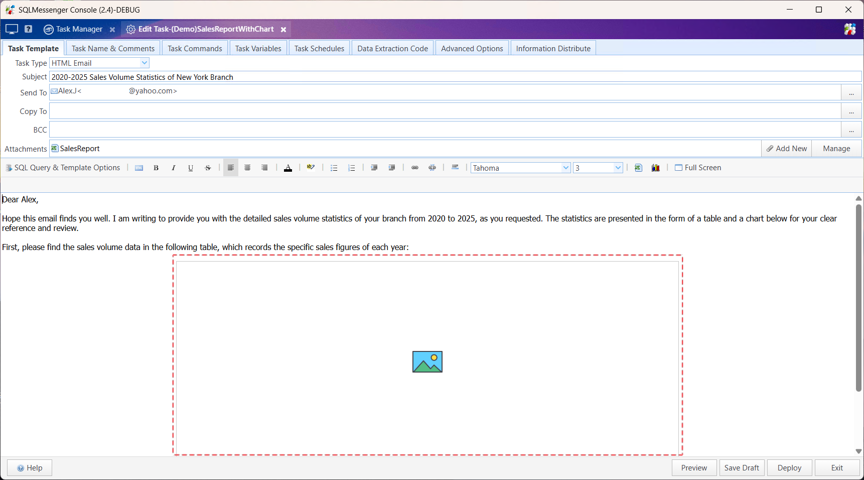The system displays an image icon in the body template