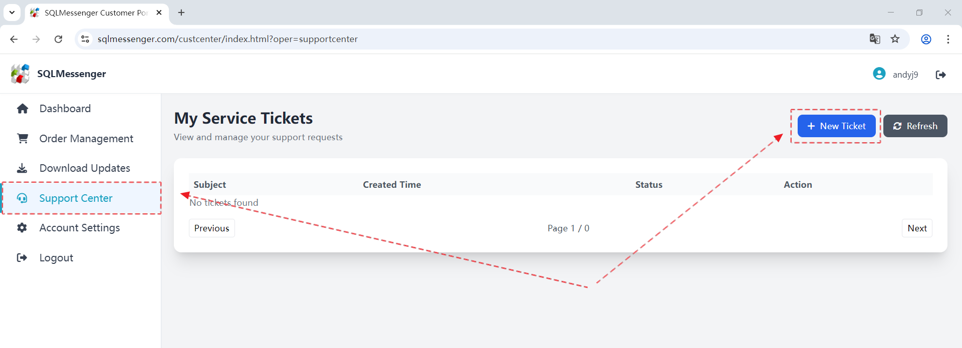 Click "Support Center", then click the "New Ticket" button