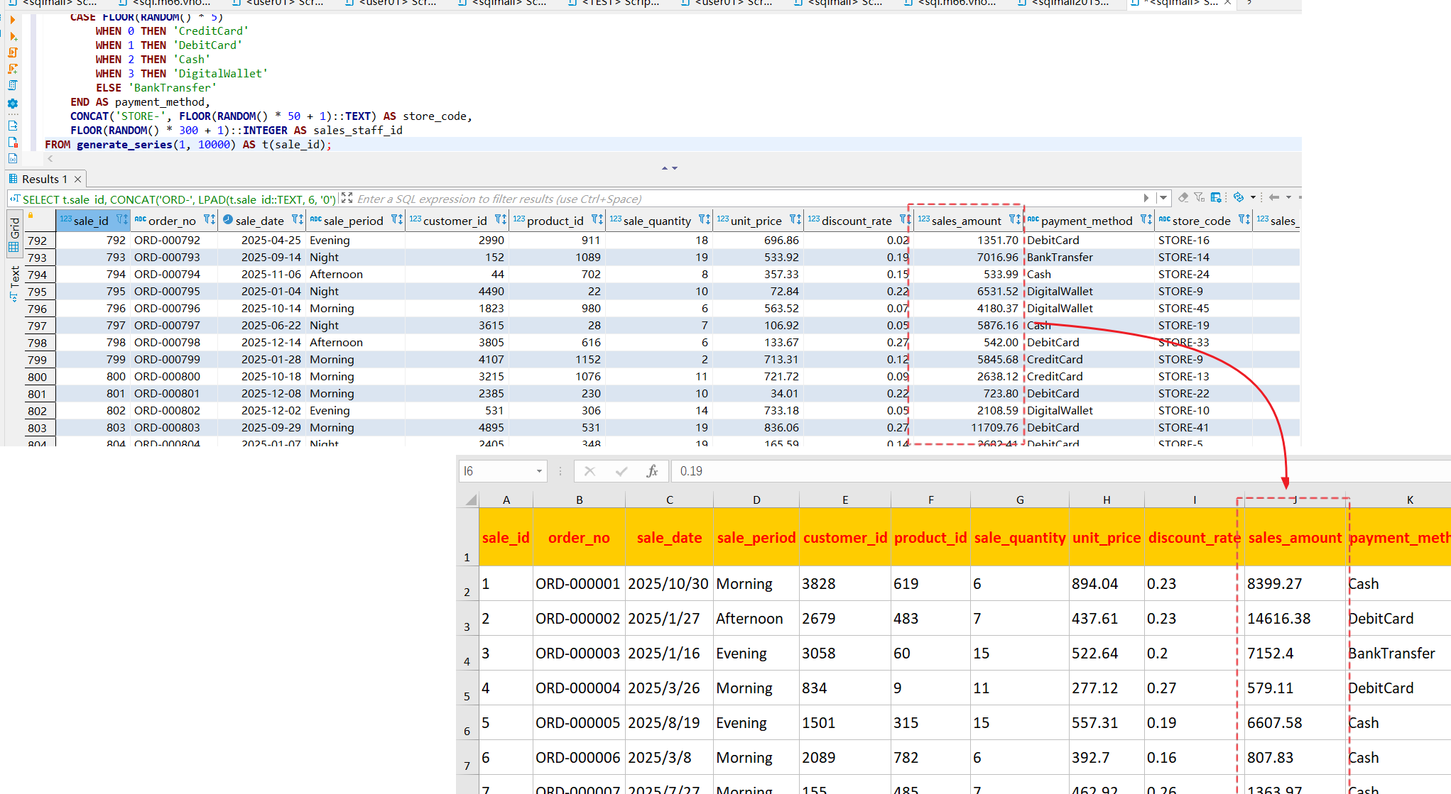 Convert SQL query results to Excel via Simple Table; the sales_amount field is shown as plain numeric values
