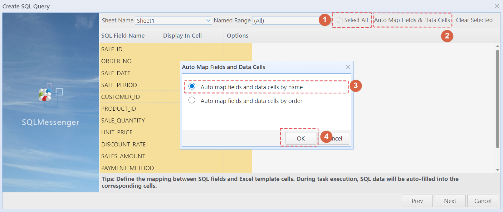 Configure mapping relationships between SQL fields and data cells