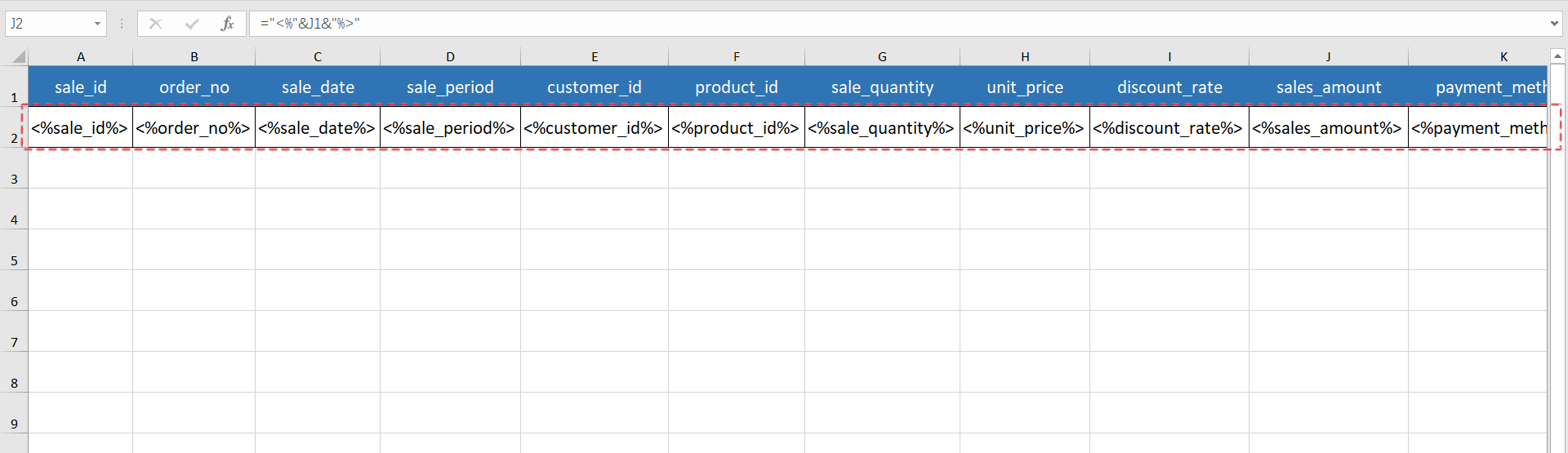 Design the Excel template spreadsheet and insert data cell markers