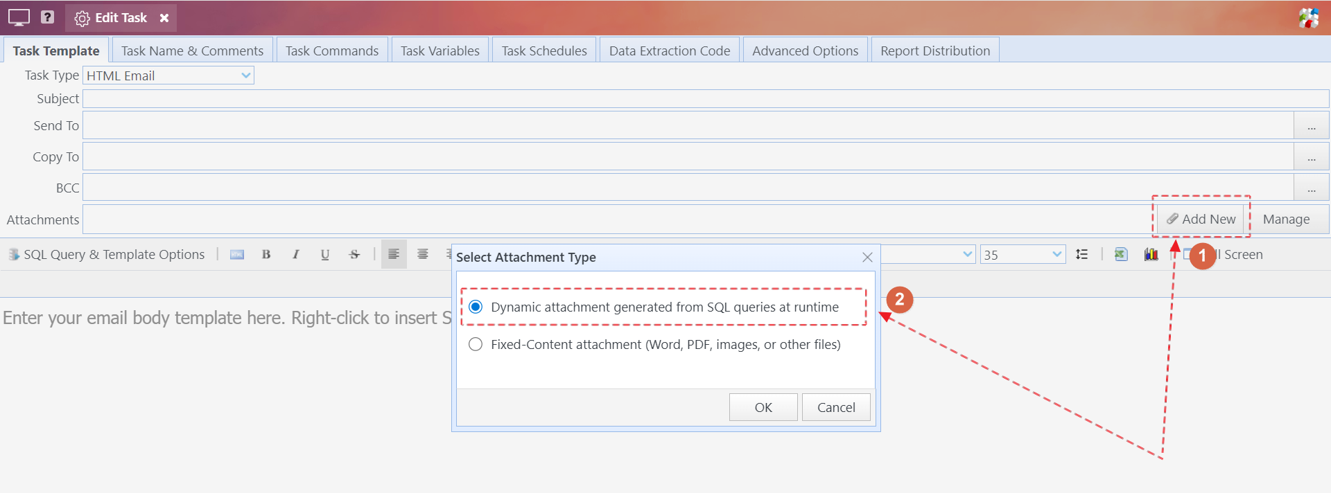 Add a Custom Excel Template attachment to the task