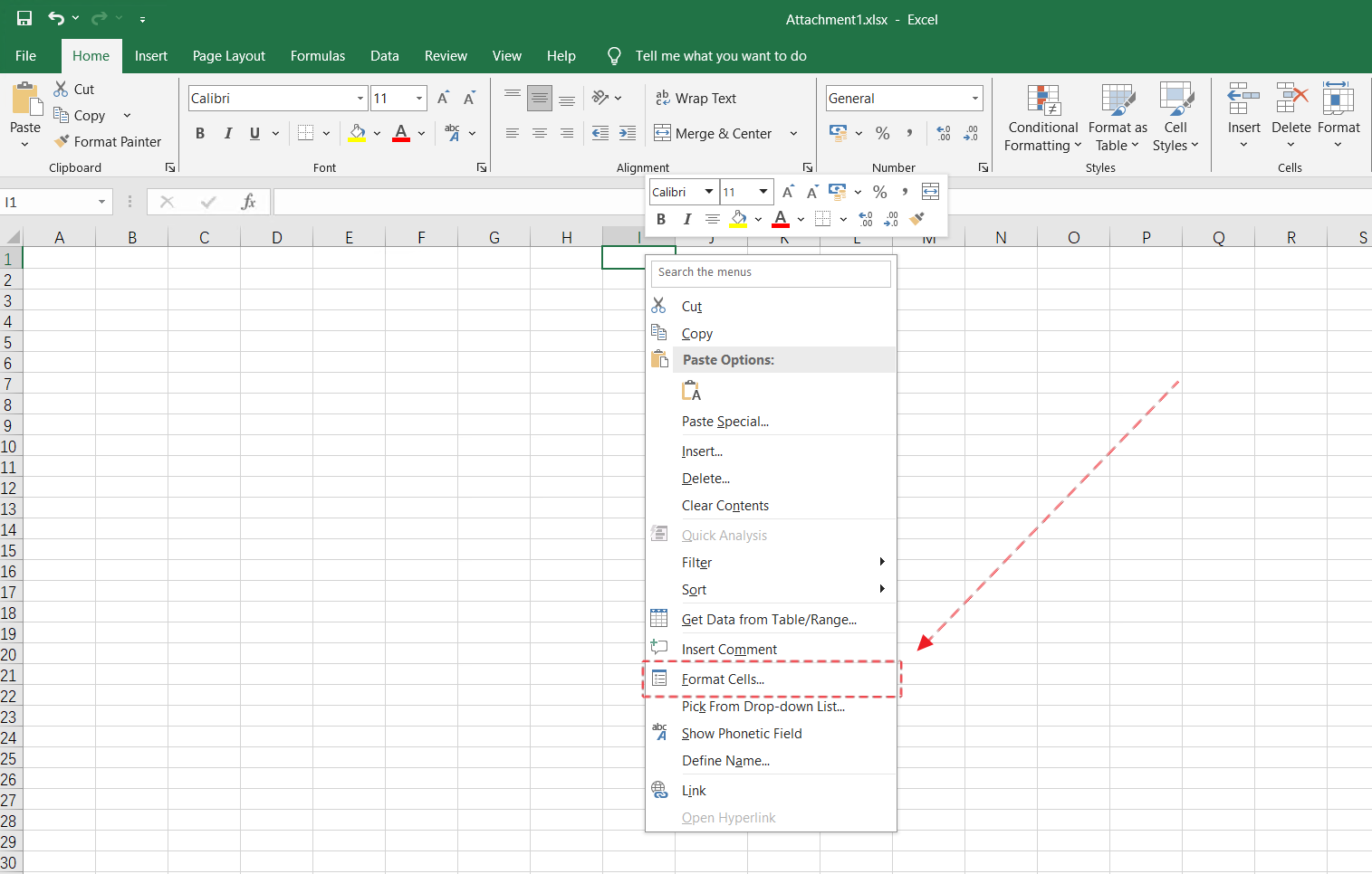 Open Excel, right-click any cell and select Format Cells