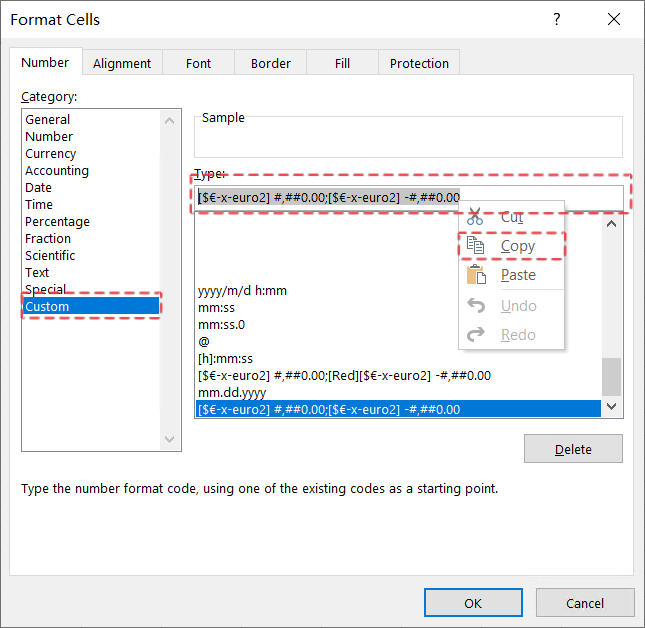 Click Custom in Category to view the matching format string in the Type field