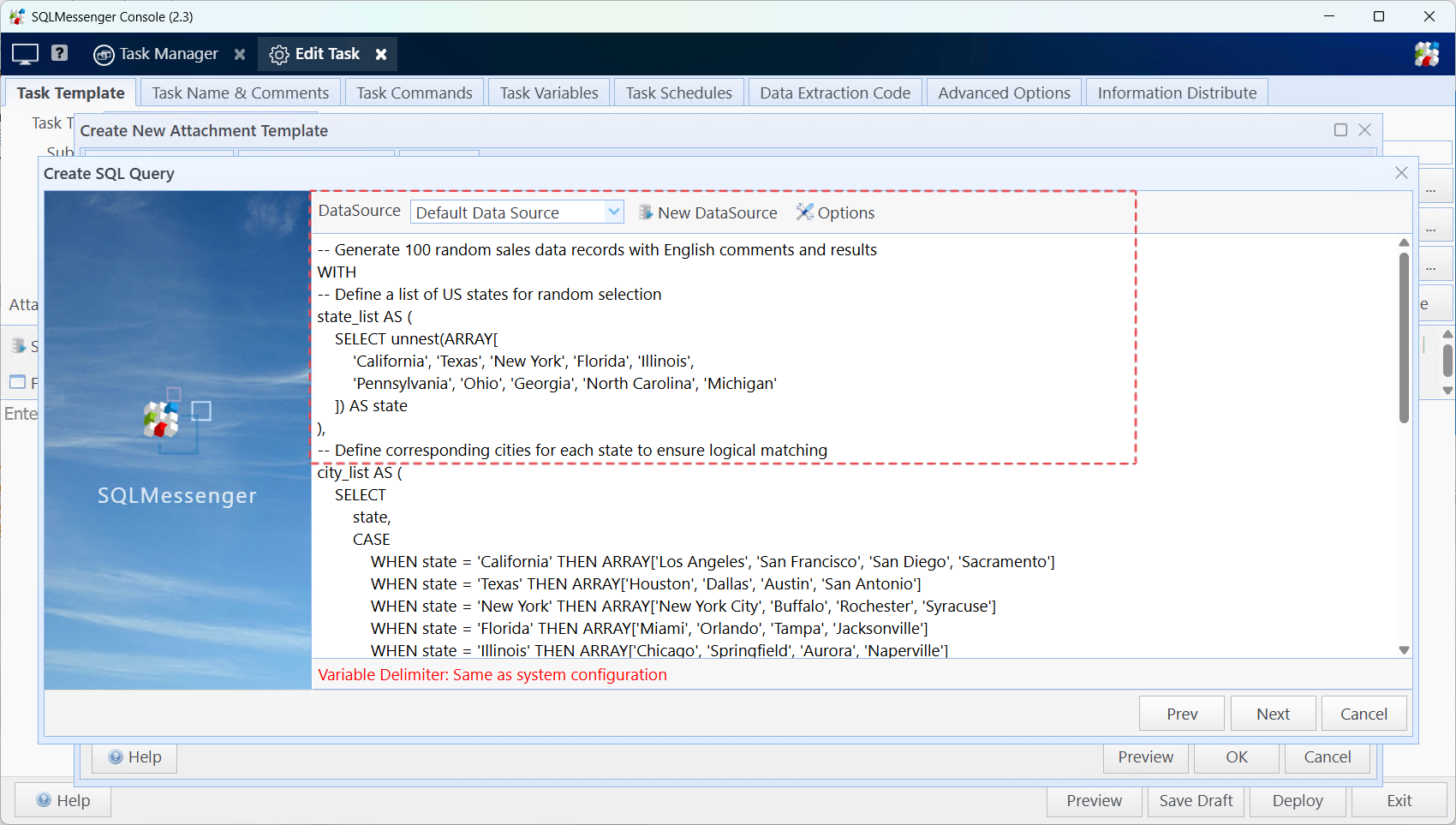 Select data source and input query statement
