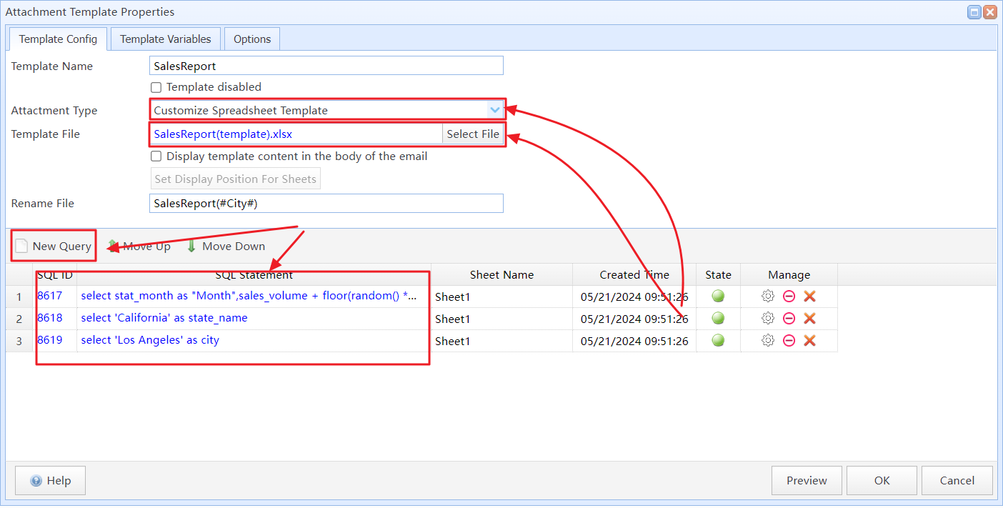 Import the designed template file and add SQL query statements