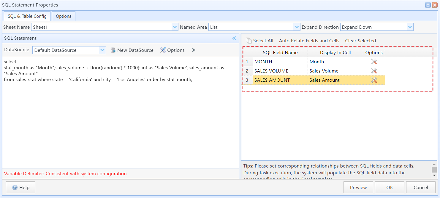 Map SQL fields to corresponding data cells