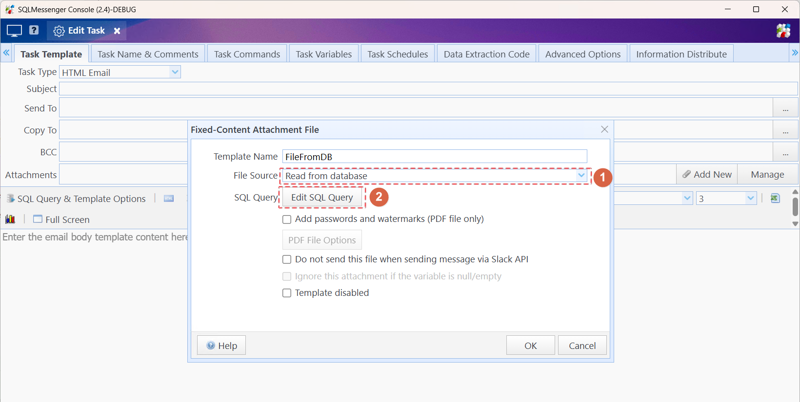Select "Read from database" for "File Source", then click the "Edit SQL Query" button