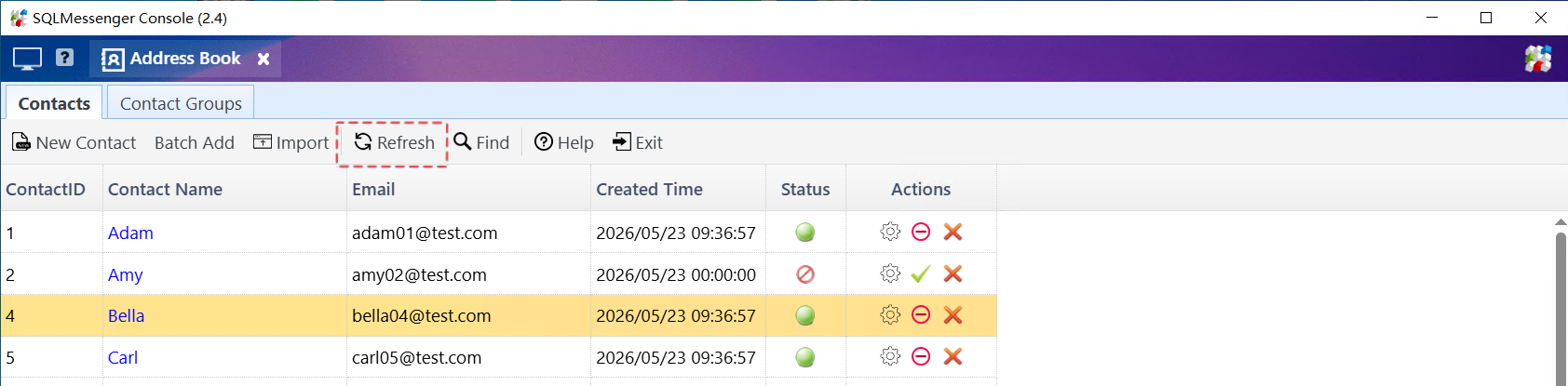 click the Refresh button to view newly added contacts in the list